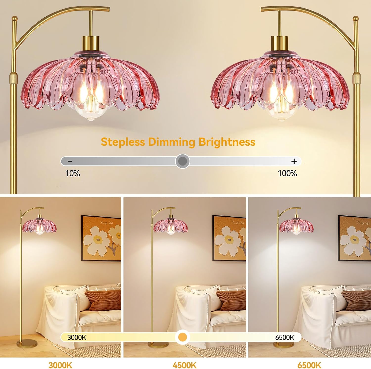 QIYIZM Pink Floor Lamp for Living Room, Bedroom, Gold Dimmable Standing Lamp with Remote, Mid Century Modern Brass Tall Lamp Boho Floor…