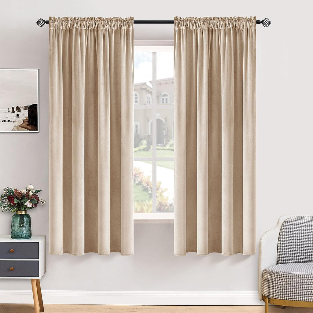 MIULEE Camel Beige Velvet Curtains Thermal Insulated Blackout Curtain Drapes for Bedroom Living Room Darkening 63 Inches Long Curtains…