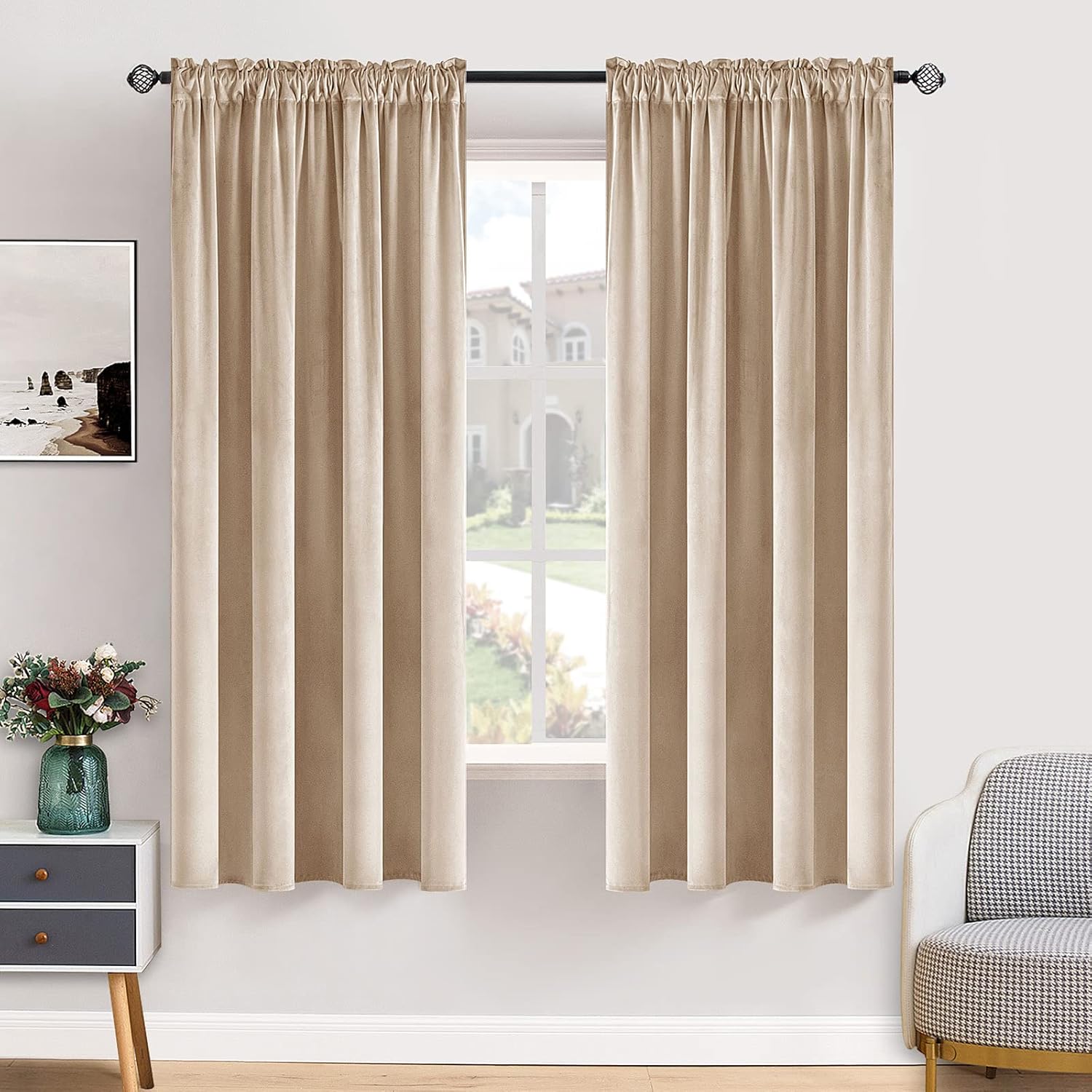 MIULEE Camel Beige Velvet Curtains Thermal Insulated Blackout Curtain Drapes for Bedroom Living Room Darkening 63 Inches Long Curtains…