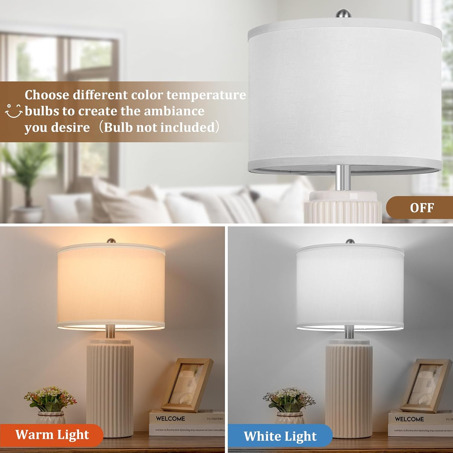 Tobusa 23.5’’ Beige Modern Ceramic Table Lamps Set of 2 for Living Room, Farmhouse Bedside Lamps with Upgraded White Linen Shade, Rustic Ni…