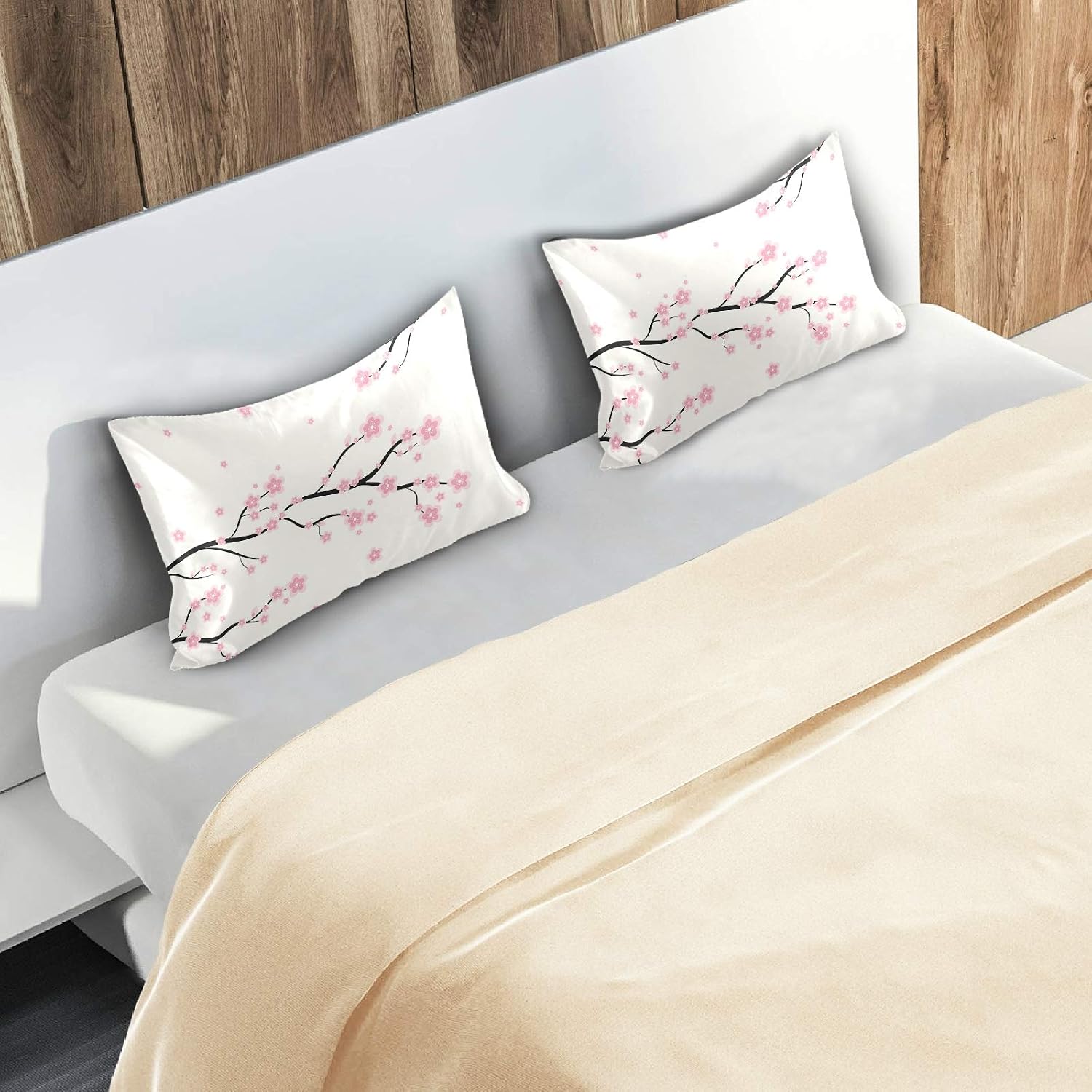 Blueangle Floral Sakura Pattern Satin Pillowcase for Hair and Skin Silk Pillowcase, Queen Size(20x30 inches) - Satin Pillow Covers with…