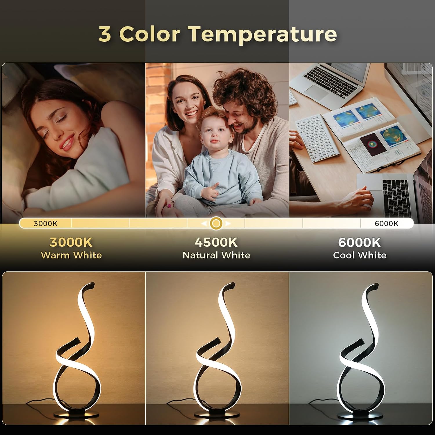 2 Pack Modern Touch Lamp for Nightstand, Spiral LED Table Lamp, Dimmable 3 Color Temperature Night Stand Desk Lamp, Unique Bedside Light…