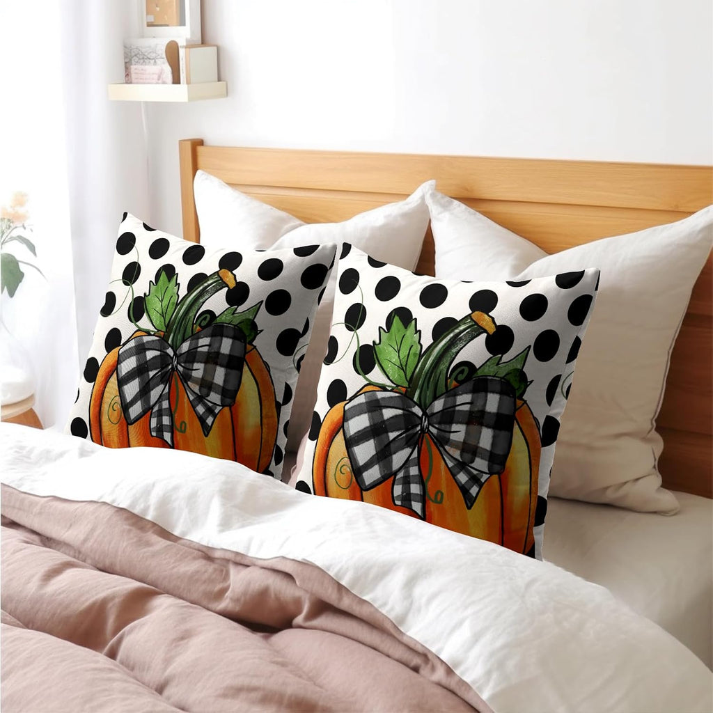 Fall Outdoor Pillows Covers 20x20 Inch Set of 2 Orange Pumpkin Black Polka Dot Decorative Throw Pillowcase Autumn Thanksgiving Seasonal…