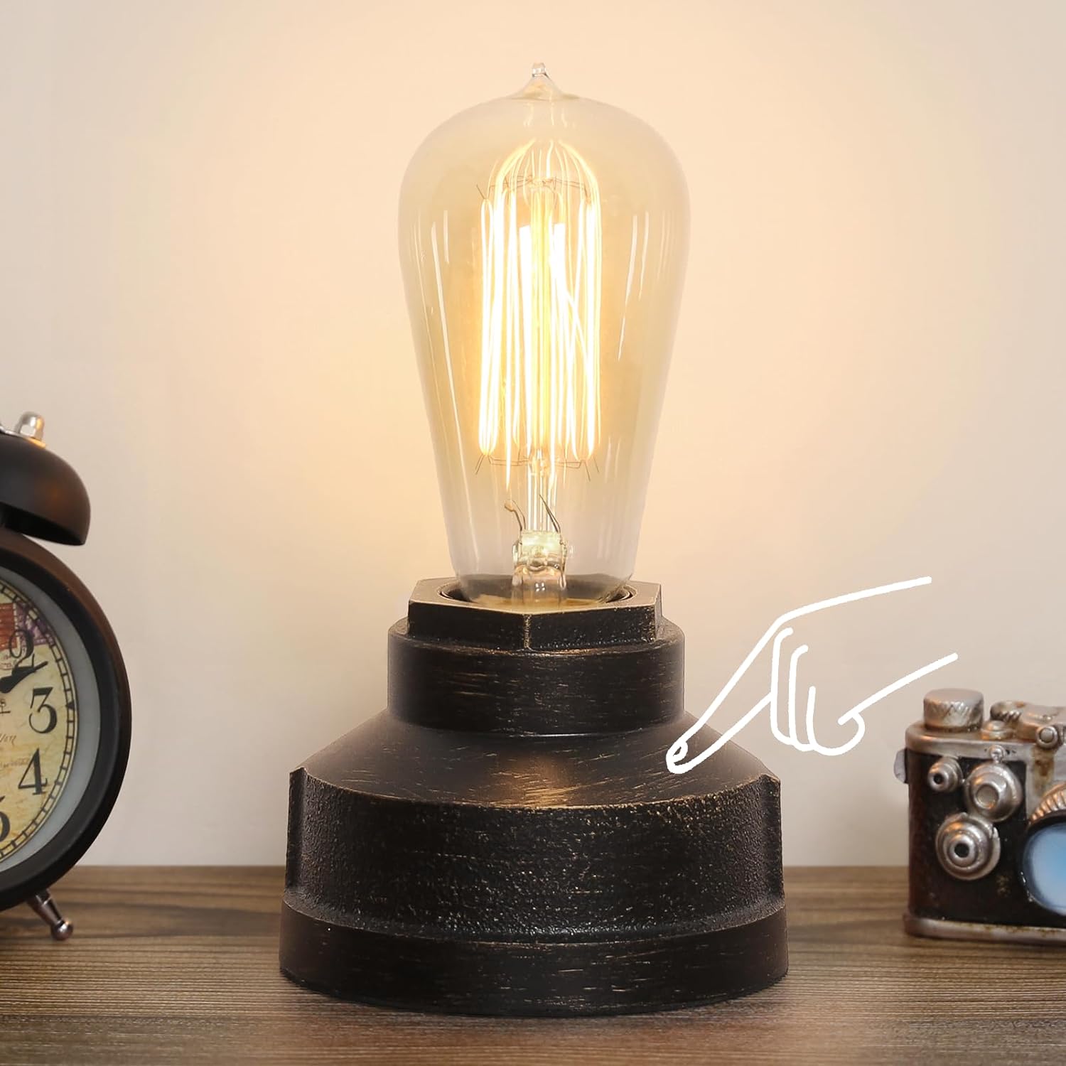 Small Touch Control Table Lamp Base, Industrial Touch Light Vintage Edison Bulb Base, Dimmable Bedside Nightstand Accent Light for Living…