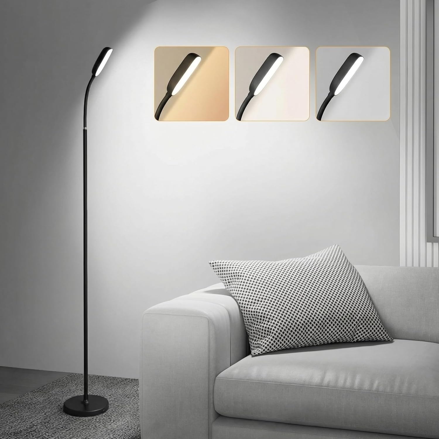Cordless Portable Floor Lamp, Adjustable Gooseneck with Touch Switch, 3 Color Modes, Lightweight & Rechargeable for Living Room, Bedroom…