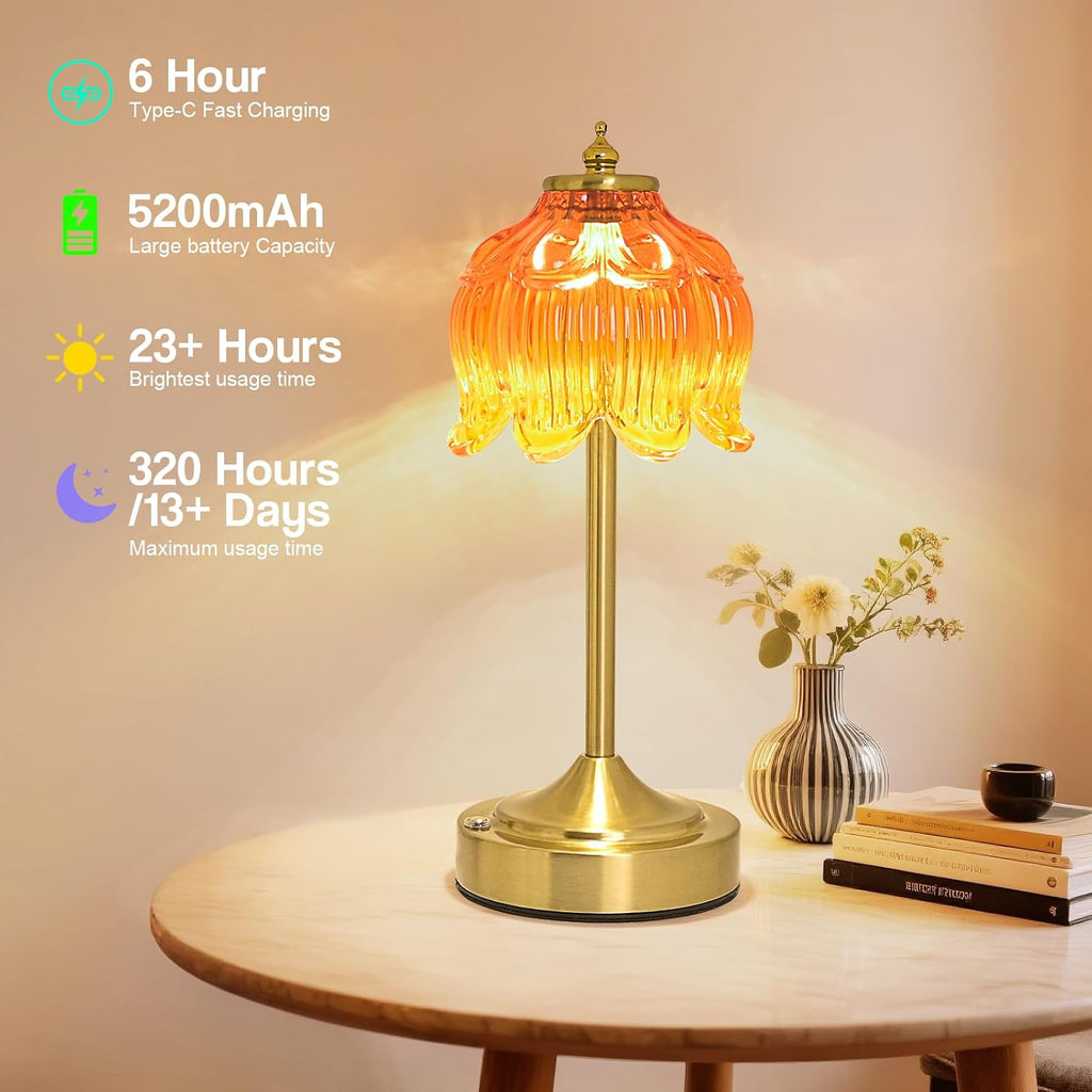 Crkwos Cordless Lotus Flower Table Lamp, 5200mAh Rechargeable Battery Operated Portable Lamp, 3-Color Dimmable Touch Control Small D…