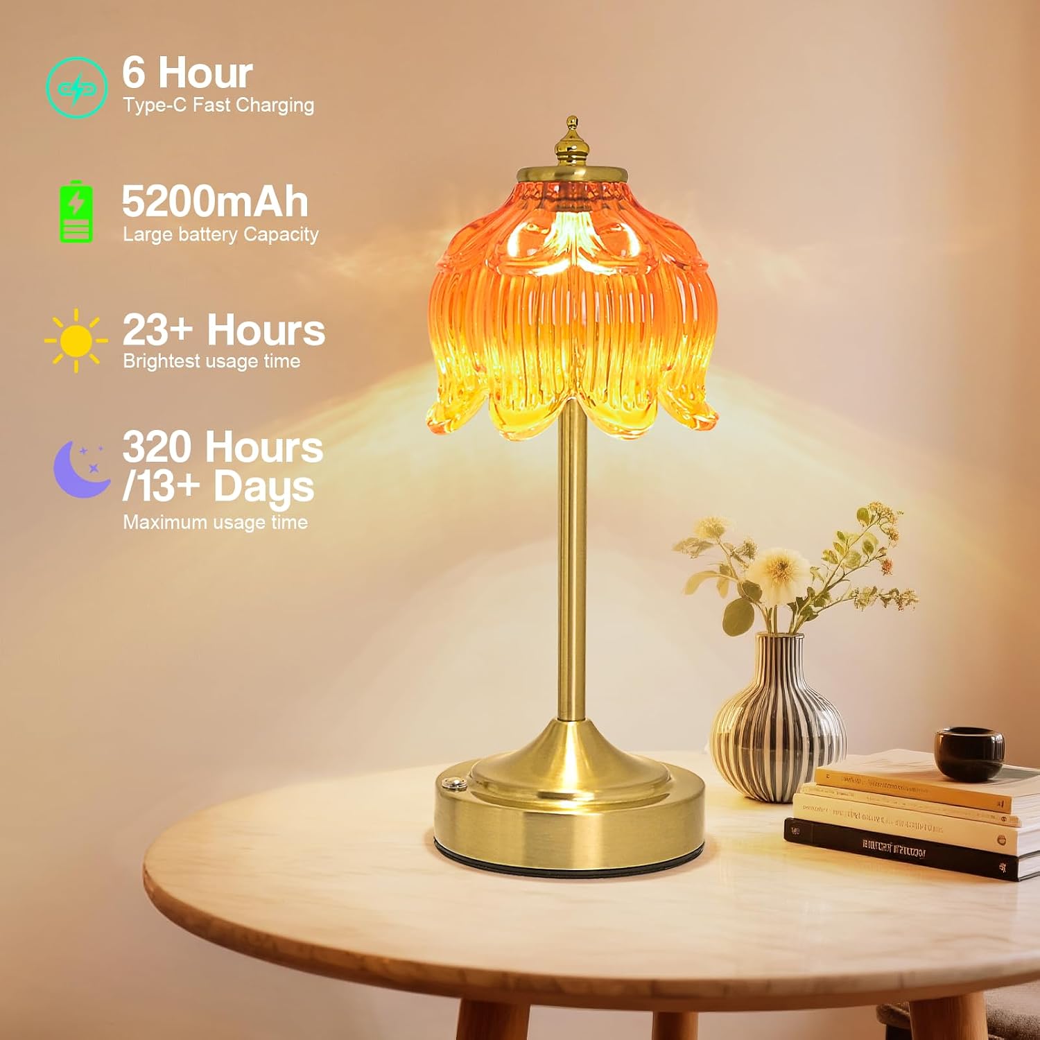 Crkwos Cordless Lotus Flower Table Lamp, 5200mAh Rechargeable Battery Operated Portable Lamp, 3-Color Dimmable Touch Control Small D…