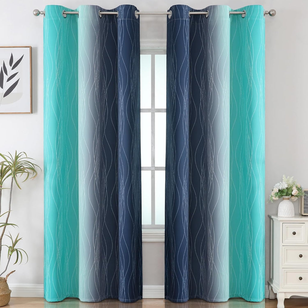 Estelartextiler Estelar Textiler Navy Blue and Teal Ombre Blackout Curtains for Bedroom, Thermal Insulated Gradient Blackout Drapes, Full R…