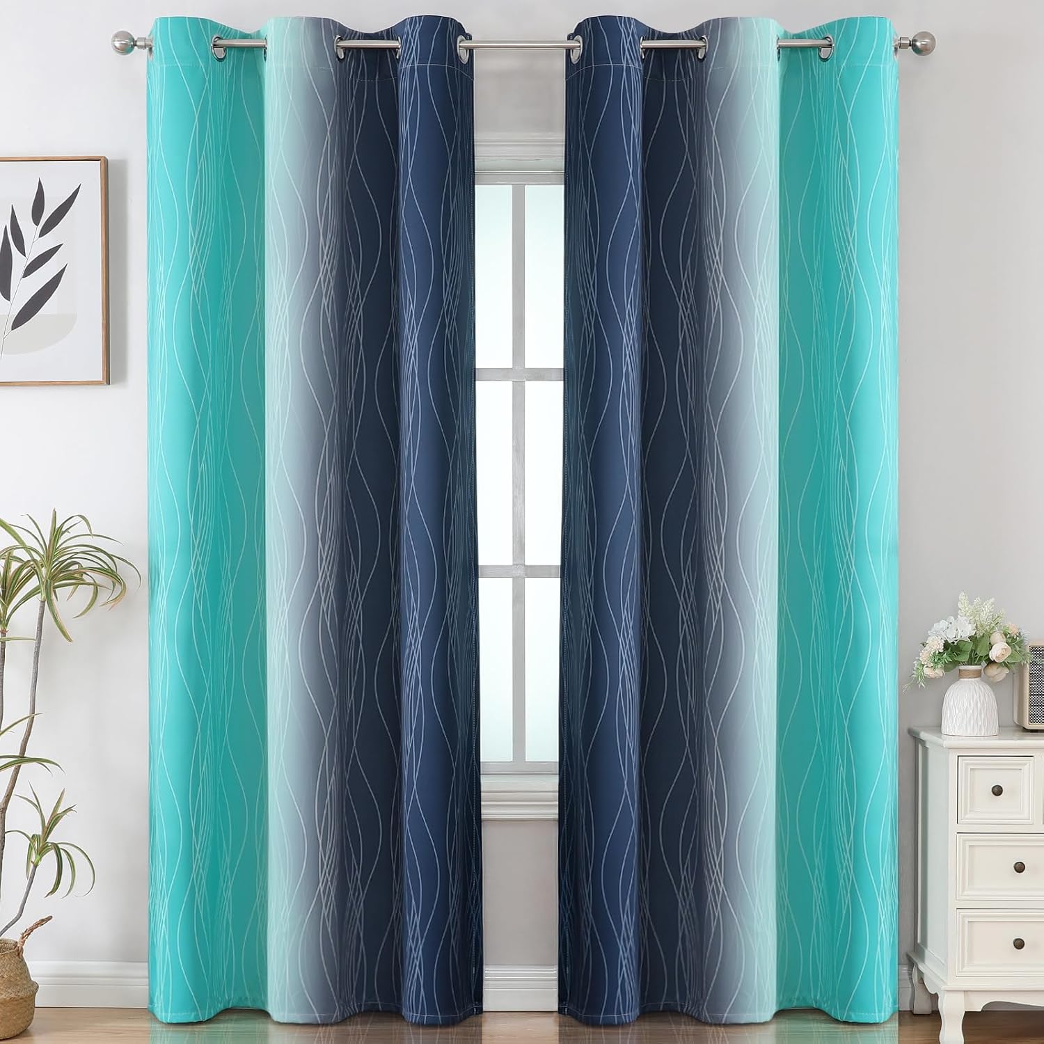 Estelartextiler Estelar Textiler Navy Blue and Teal Ombre Blackout Curtains for Bedroom, Thermal Insulated Gradient Blackout Drapes, Full R…