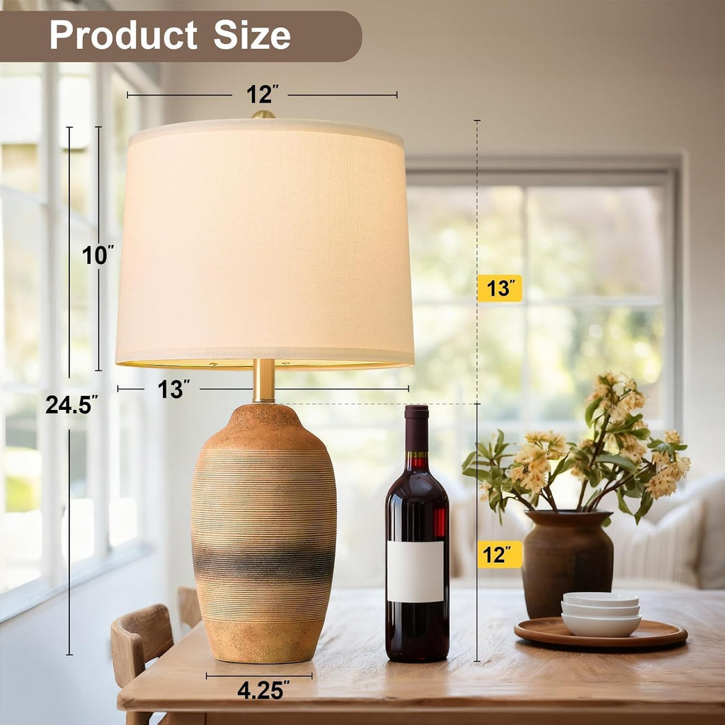 USumkky 24.5" Handcrafted Ceramic Table Lamp with 5FT Cord, Single Farmhouse Vintage Rustic Bedside Lamp for Living Room Bedroom, Linen Sha…