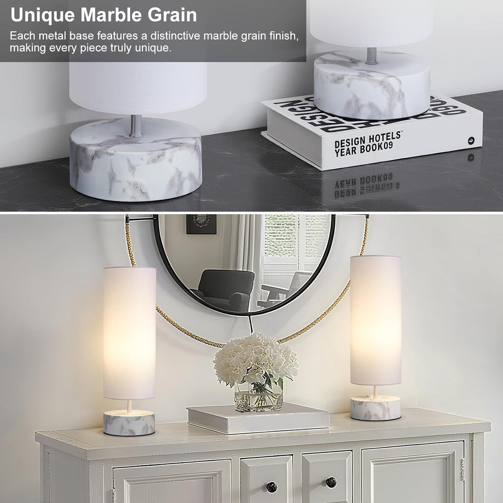 Touch Table Lamp with Metal Base Covered with Marble Grain, 3 Way Dimmable Modern Bedside Nightstand Lamp with White Shade, Simple Night…