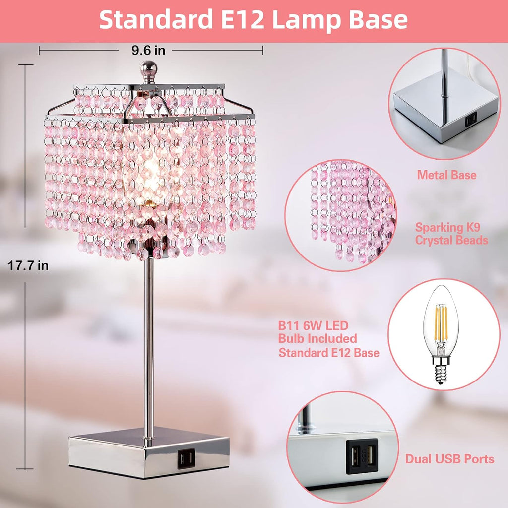 Luvkczc Crystal Touch Table Lamp, Bedside Lamp with USB C+A Ports, Pink Lamp, Dimmable Lamp with Crystal Shade, Nightstand Lamp for Girl…