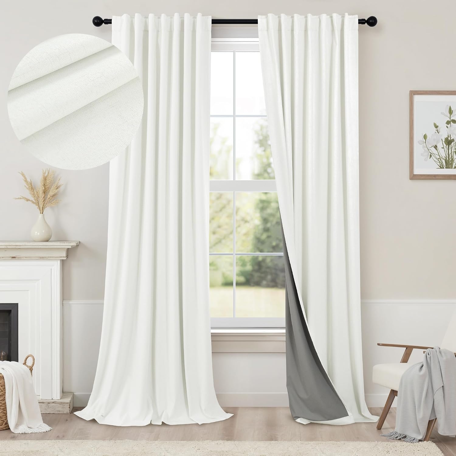 Pitalk Ivory 100% Blackout Curtains 96 Inches Long 2 Panels Farmhouse Style Bedroom Windows Viral Basic Curtains for Living Room Black Out…