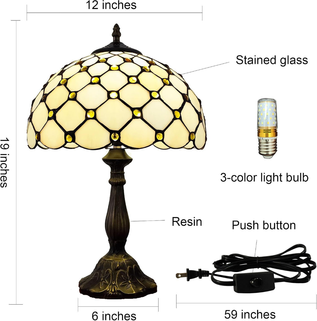 Tiffany Lamp Stained Glass Table Lamp - Antique Bedside Desk Reading Light With 3-Way Color LED - Living Room Nightstand 12X12X19 Inches…