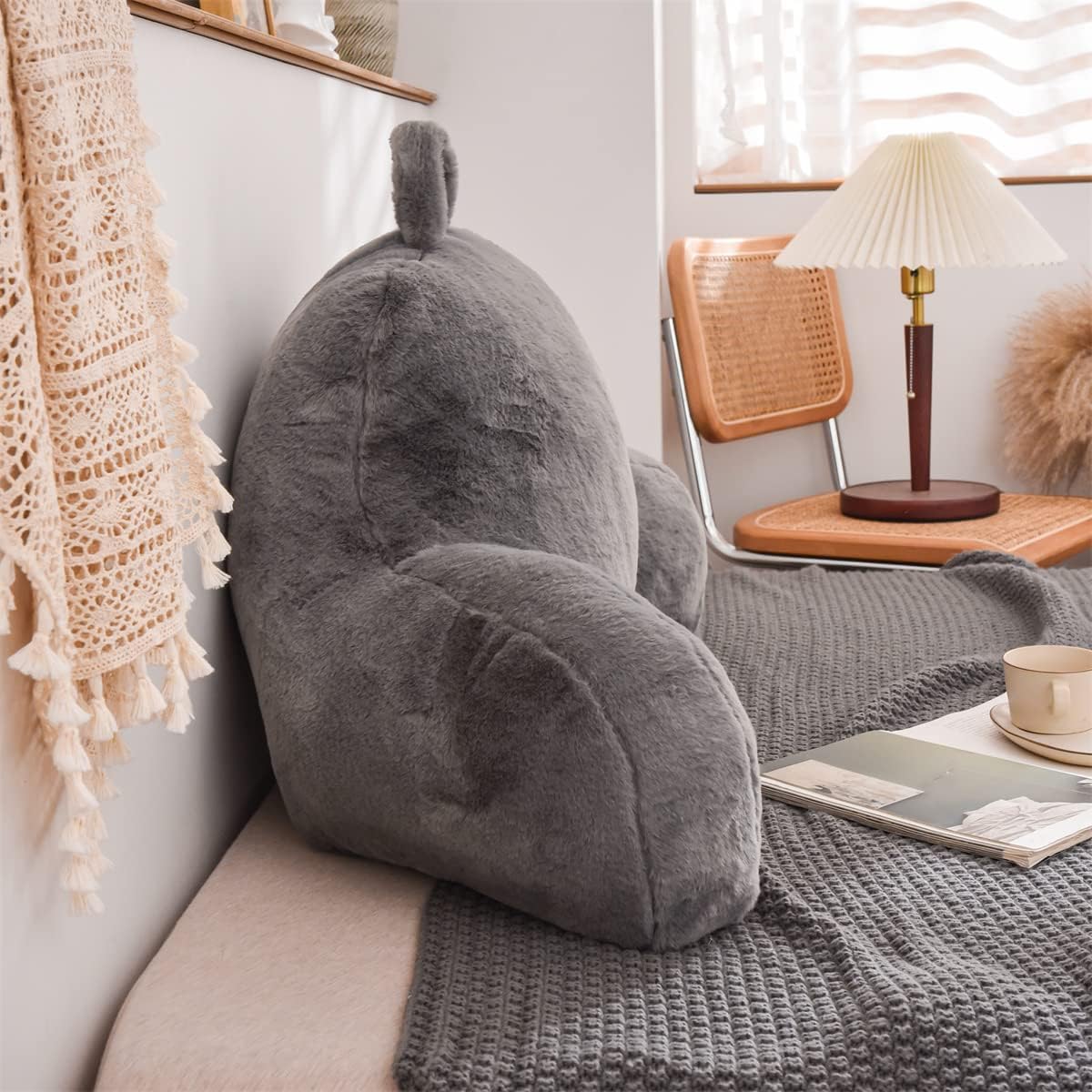 Holawakaka Standard Faux Fur Bed Rest Pillow with Arms, Artificial Rabbit Fur Reading Pillows Perfect for Adults, Teens, Kids, Pregnancy Lu…