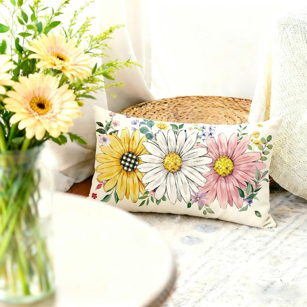 Baccessor Spring Summer Floral Pillow Cover 12x20 Inch, Sunflower Daisy Flowers Lumbar Pillow Case Home Spring Holiday Bed Cushion Sofa Cou…