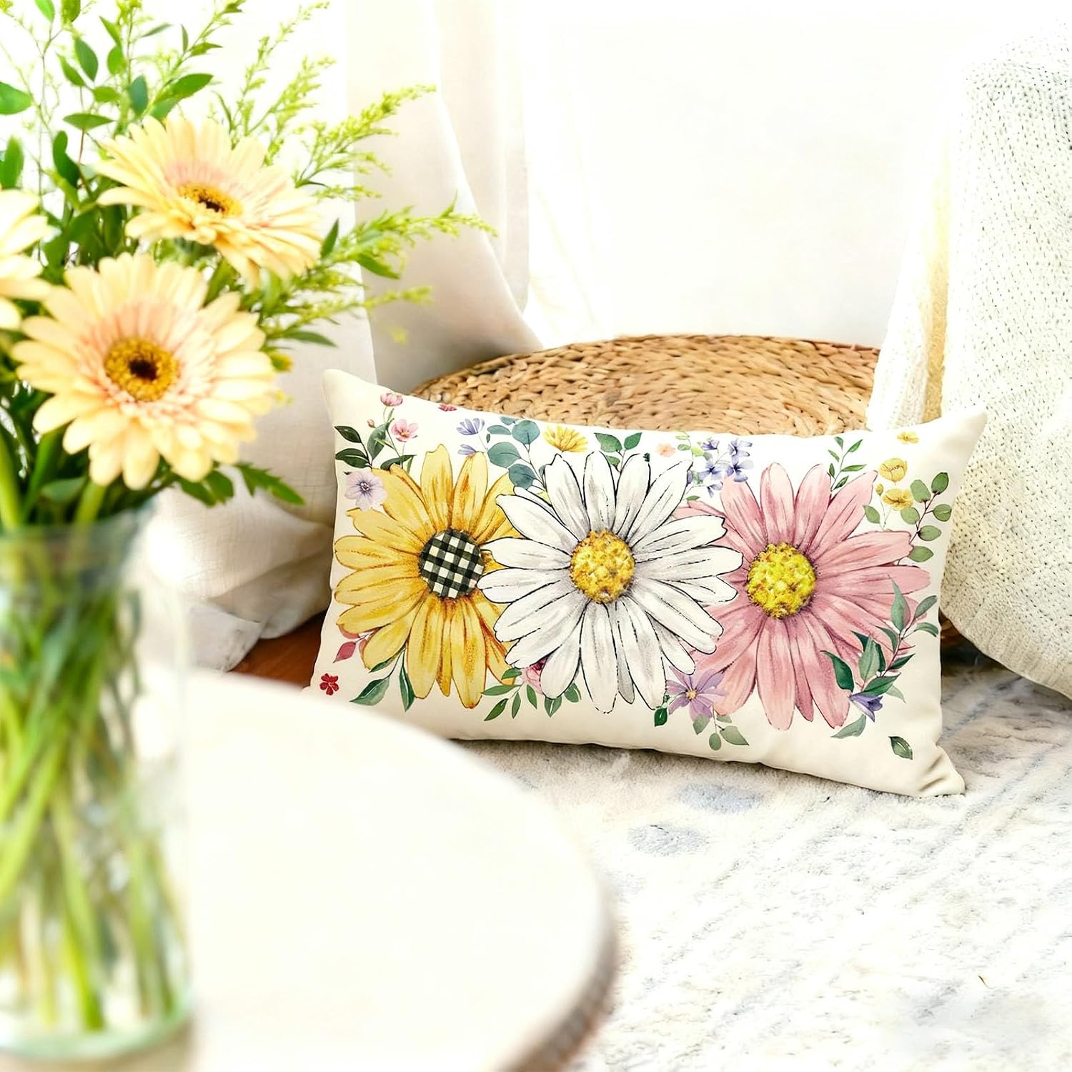 Baccessor Spring Summer Floral Pillow Cover 12x20 Inch, Sunflower Daisy Flowers Lumbar Pillow Case Home Spring Holiday Bed Cushion Sofa Cou…
