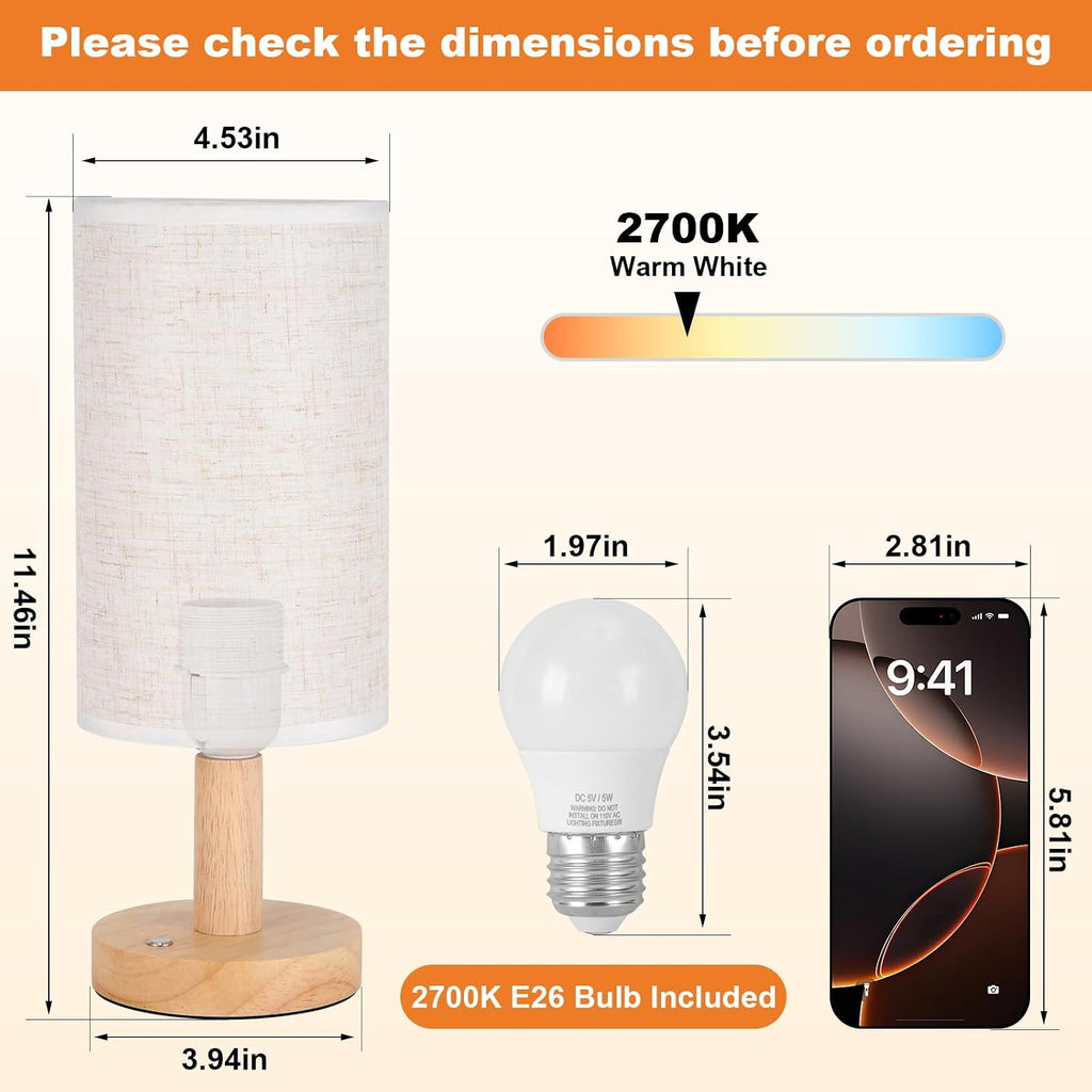 Rechargeable Cordless Touch Table Lamp with Stepless Dimming, Natural Wood Base&Linen Shade, Small Battery Wireless Ambient Night Light for…