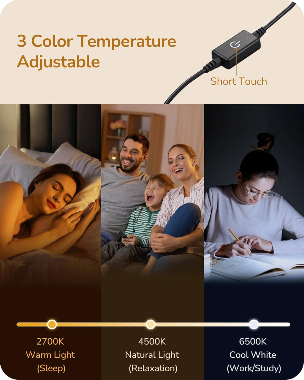 EDISHINE LED Table Lamp, Dimmable Bedside Lamp, 3 Color Temperature, Power Cord Touch Switch Desk Lamp, Upgraded Minimal Nightstand Lamp…