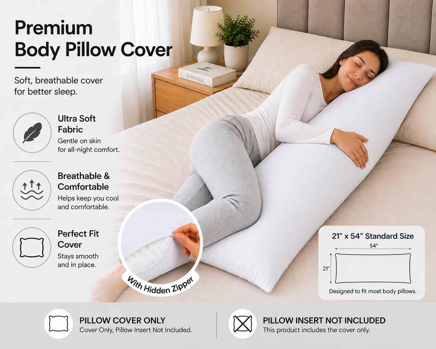 Evolive Ultra Soft Microfiber Body Pillow Cover/Pillowcases 21"x54" with Hidden Zipper Closure (21"x54" Body Pillow Cover, White)