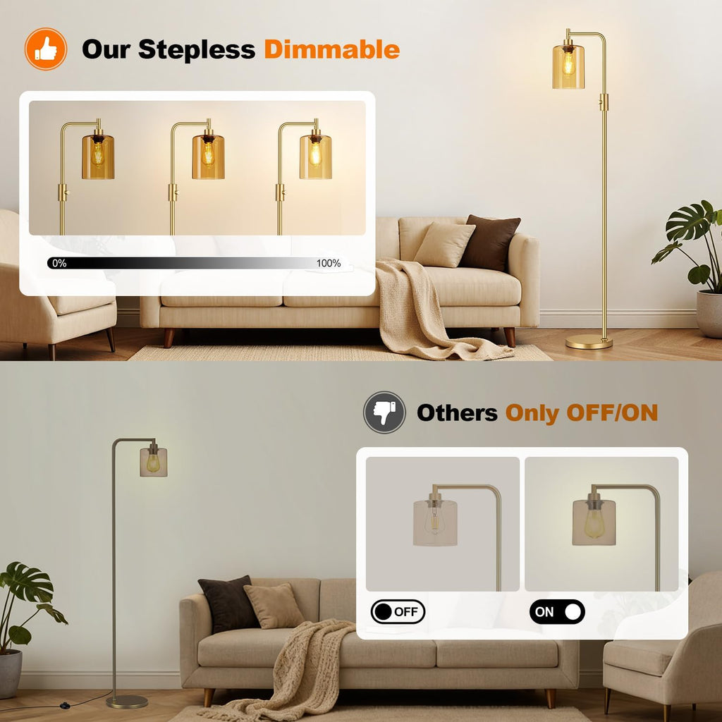 Upgraded】Gold Dimmable Floor Lamp for Living Room with Amber Glass Lampshade, Glass Modern Floor Lamp with 900LM Bulb Included, Bright…