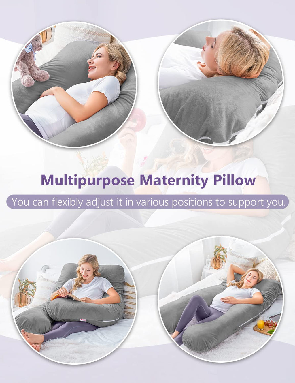 Meiz Pregnancy Pillow, U Shaped Pregnancy Body Pillow with Zipper Removable Cover (Gray- Velvet) 0 Count 55 Inch Gray