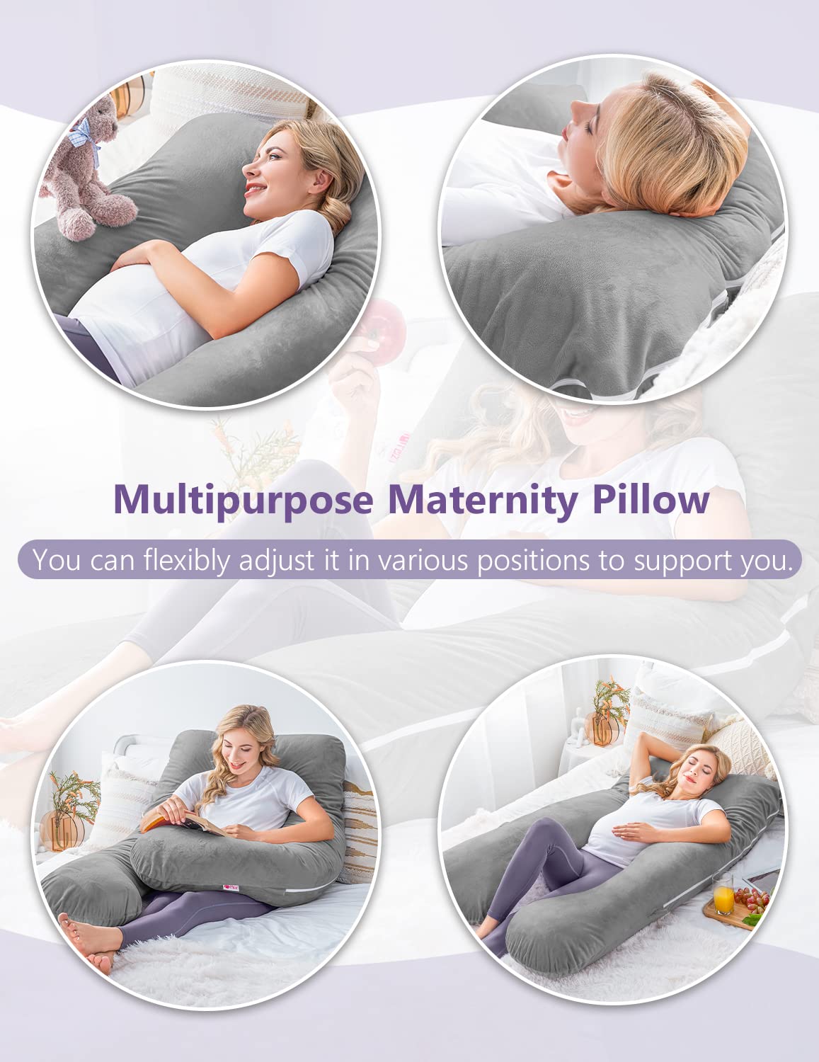 Meiz Pregnancy Pillow, U Shaped Pregnancy Body Pillow with Zipper Removable Cover (Gray- Velvet) 0 Count 55 Inch Gray