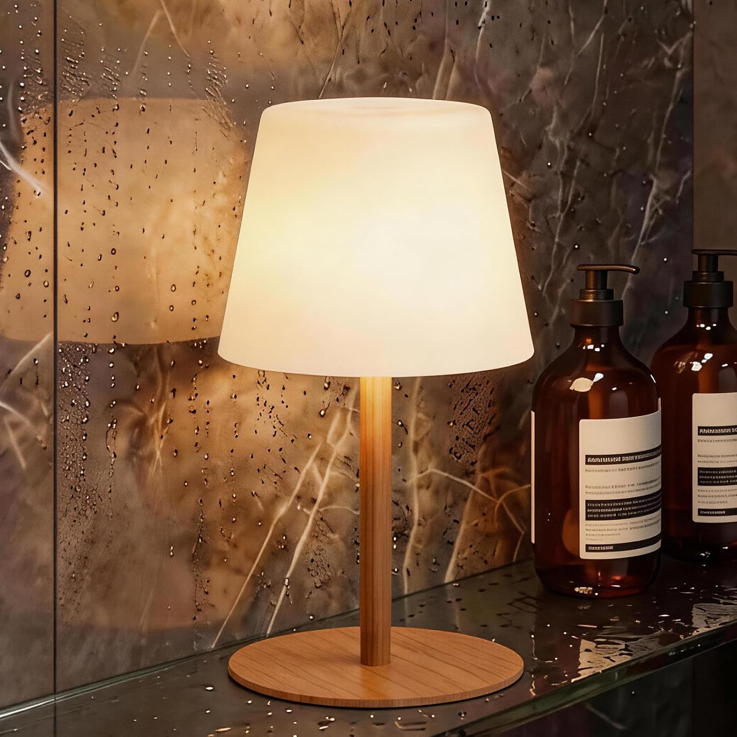 Litluzecozy IP65 Shower Lamp Waterproof, Wood Grain Rechargeable Cordless Bathroom Table Lamp with 4000mAh Battery, 3 Color Temperatures St…