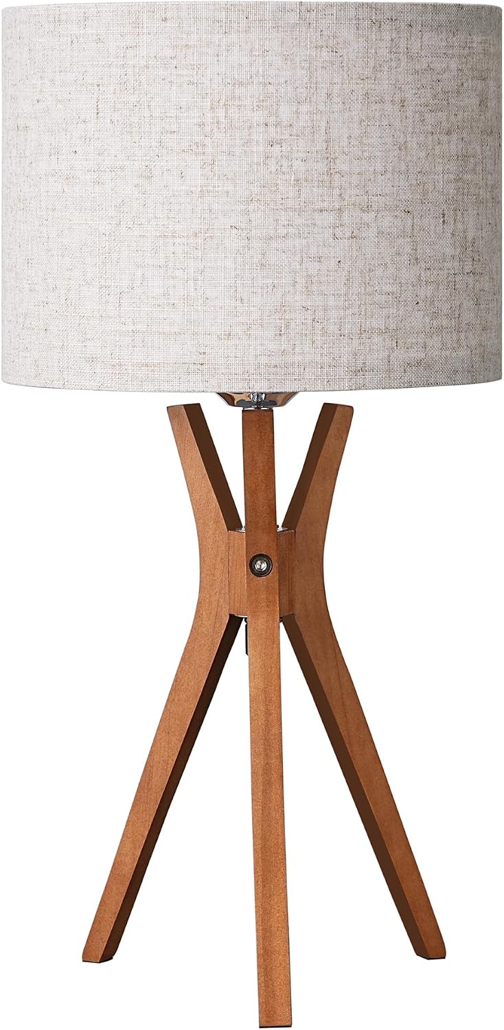 Edishine Mid Century Table Lamp, 17.5" Tripod Bedside Lamp with Deep Wood Color Light Base & Beige Linen Lampshade, Nightstand Lamp for Bed…