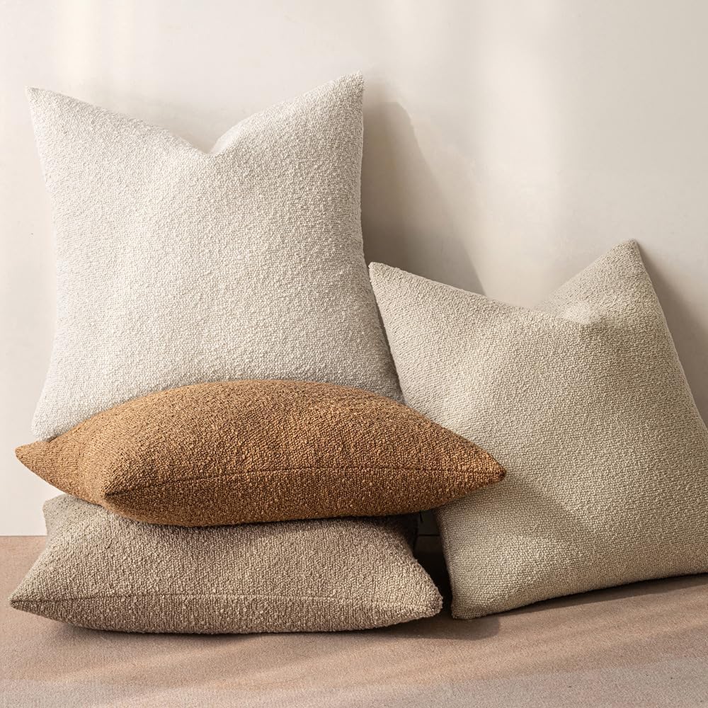 Miulee 16x16 Inch Decorative Pillow Covers for Couch Bed Set of 2 Textured Boucle Neutral Throw Pillow Covers Taupe Khaki Camel Accent Soli…