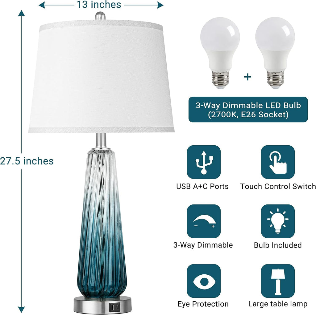 Table Lamps Set of 2 with Touch Control, Modern Glass Bedside Lamps with USB A+C Ports, 3-Way Dimmable Nightstand Lamp with White Fabric…
