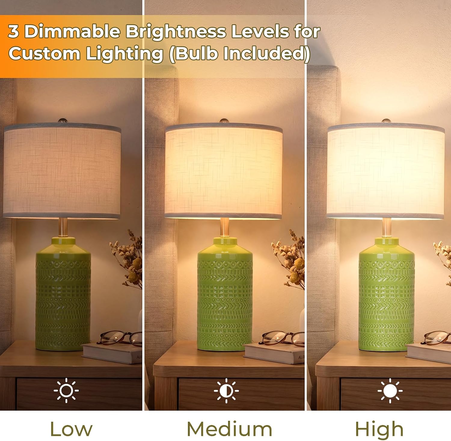 JUNNAI Light Green Ceramic Table Lamp 25 inch 3-Way Dimmable Nightstand Lamp with White Linen Shade Bedside Lamp for Living Room Bedroom…