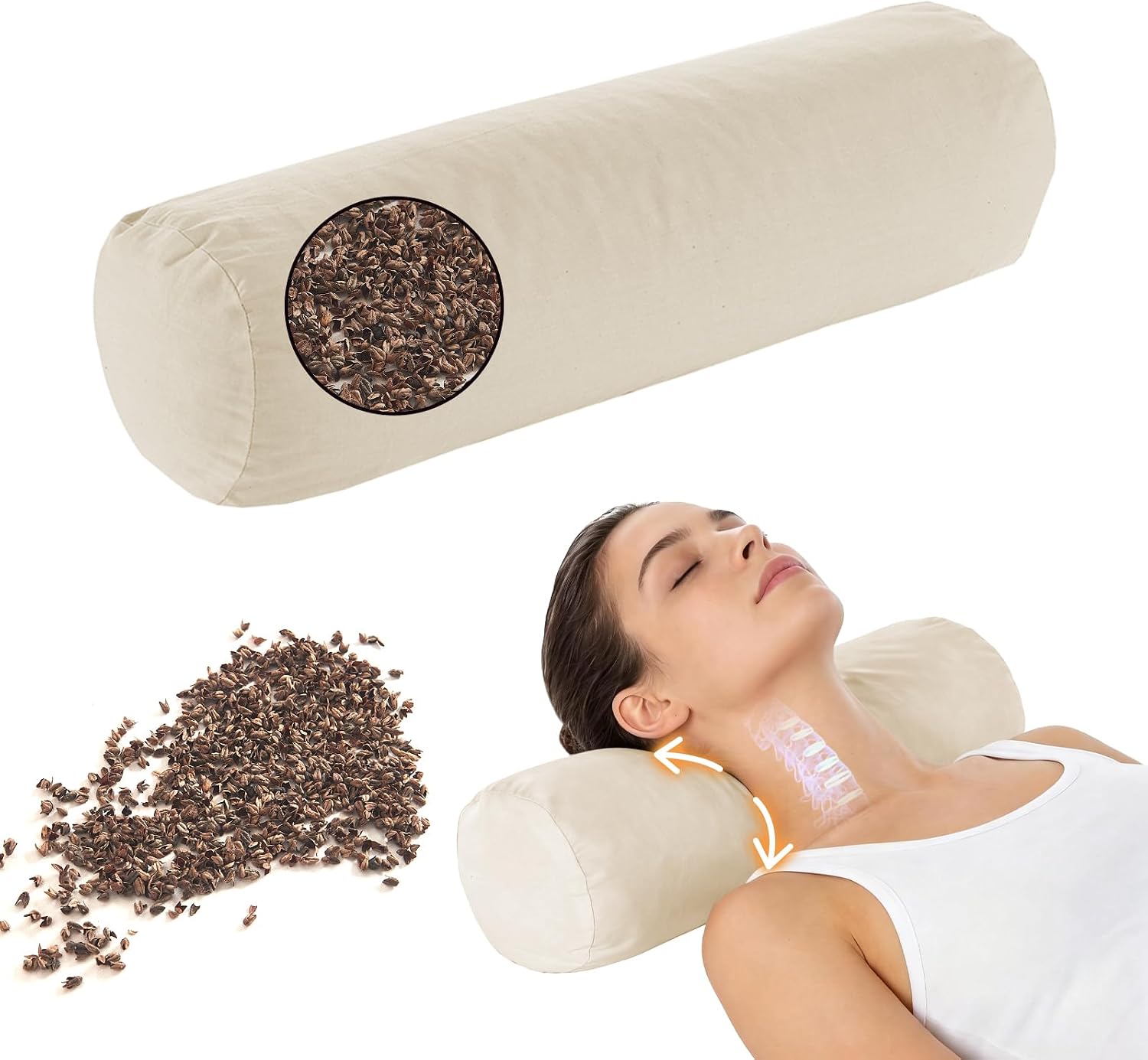 Buckwheat Pillow - Adjustable Buckwheat neck Pillow(17x6) to Provide Firm Support, Neck Roll Pillows for Side and Back Sleepers, Cylinder…