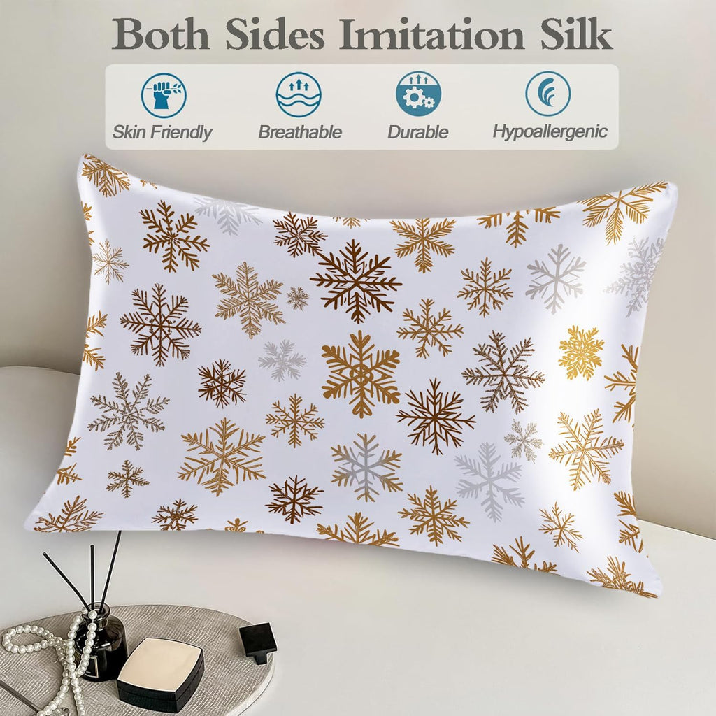 Imitation Silk Pillowcase for Hair and Skin The Holiday Season Gold Snowflakes 1 Pack Satin Queen Pillowcase with Hidden Zipper Cooling…