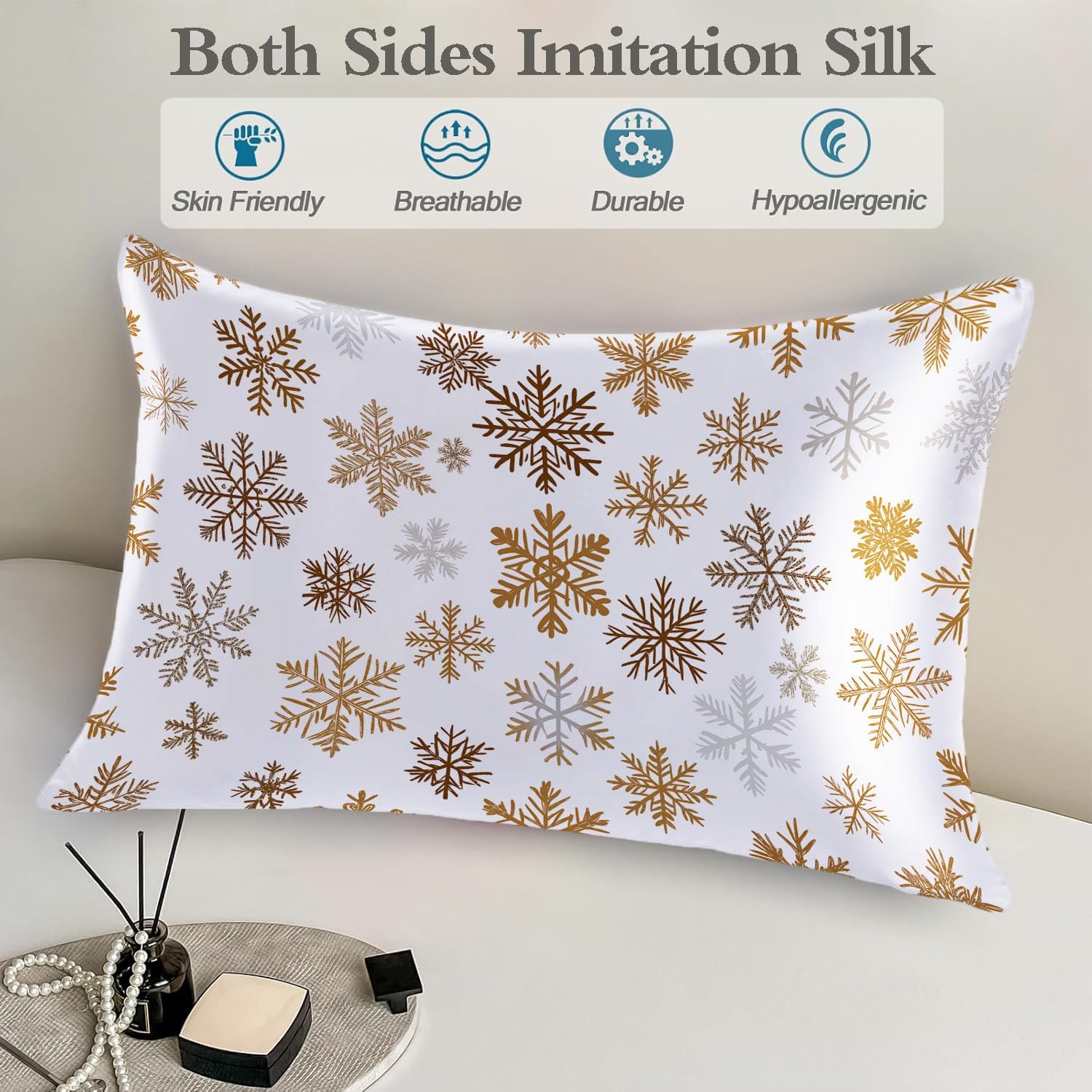 Imitation Silk Pillowcase for Hair and Skin The Holiday Season Gold Snowflakes 1 Pack Satin Queen Pillowcase with Hidden Zipper Cooling…