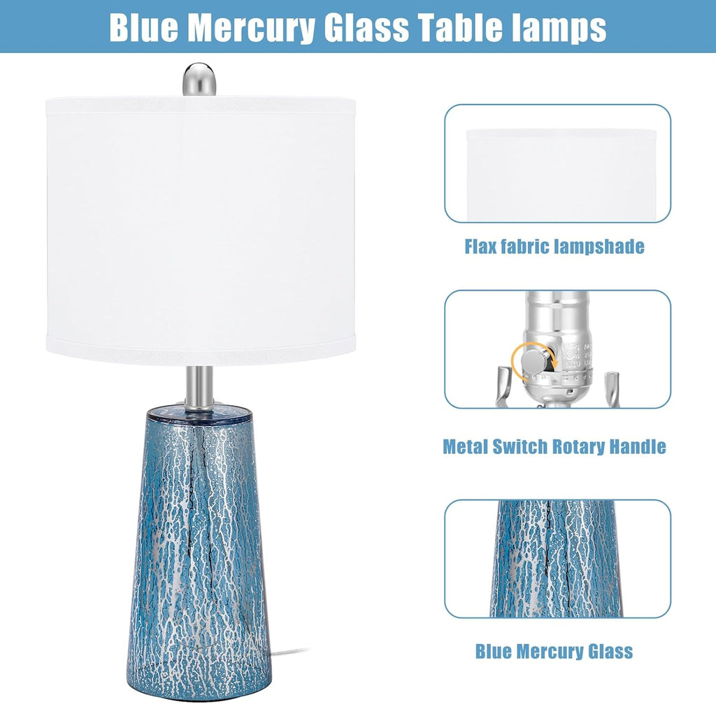 Modern Coastal Table Lamps 23” High Blue Silver Hand-Applied Mercury Tapered Column Glass Bedside Lamps, for Bedroom Living Room Home…