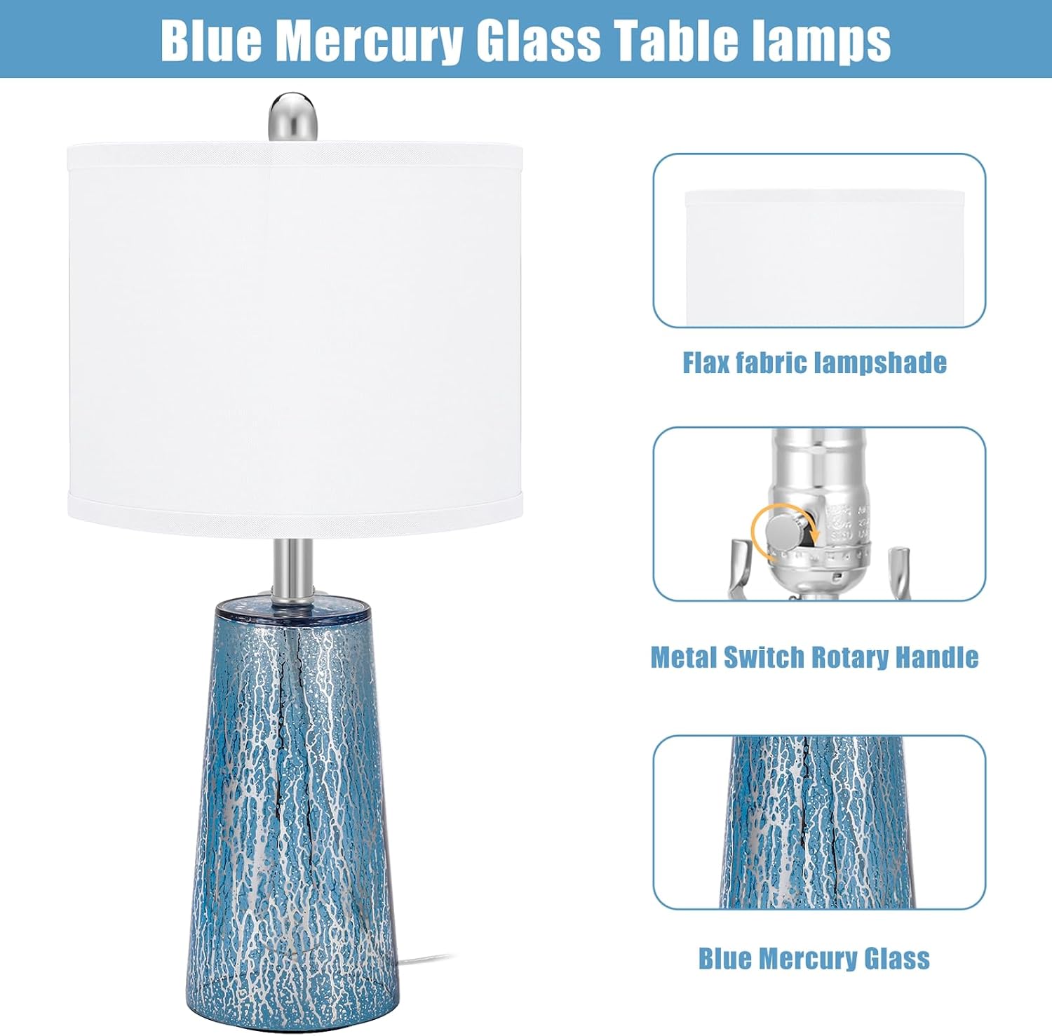 Modern Coastal Table Lamps 23” High Blue Silver Hand-Applied Mercury Tapered Column Glass Bedside Lamps, for Bedroom Living Room Home…