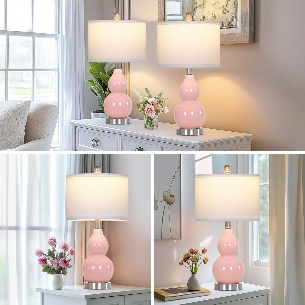 Rinweey Double Gourd Ceramic Table Lamps Set of 2, Modern Pink Bedside Lamps for Night Stand, Contemporary Nightstand Lamps for Bedroom…