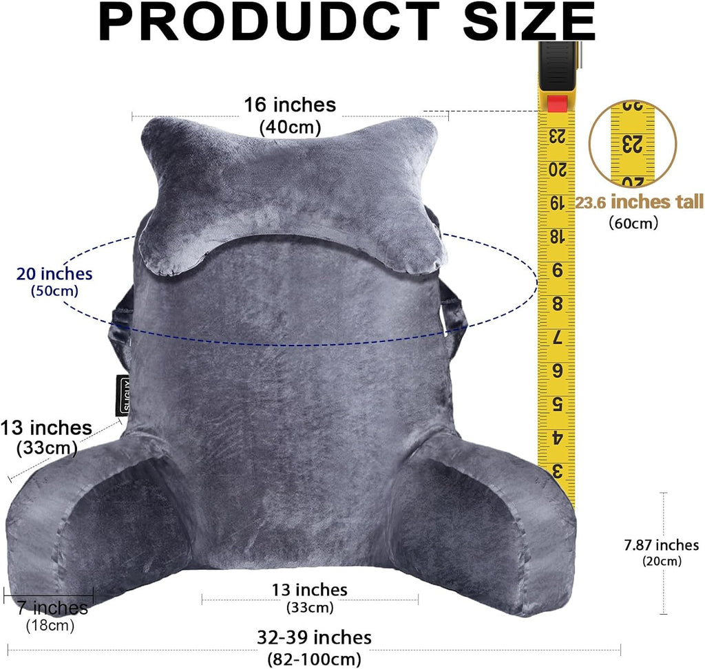 SLIGUY Reading Pillow for Sitting in Bed Couch Adult, Back Pillow with arm Support and Pockets, Adult Back Pillow Bed Chair for Bed Rest…