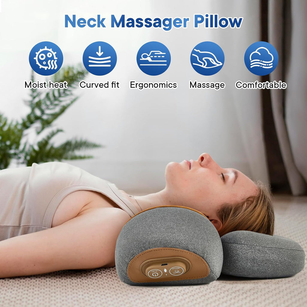 Gifey 3-in-1 Rechargeable Neck Massager Pillow with Heat, Vibration & Traction, Deep Tissue, Neck Hump Corrector & Cervical Support for Ho…