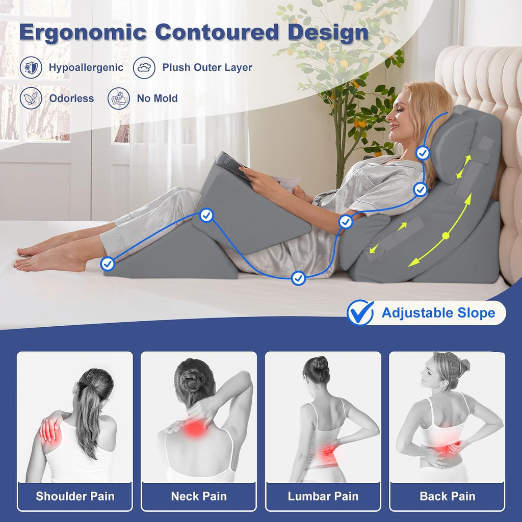 WSOFRLAC 6PCS Multi-Functional Bed Wedge Pillow Kit - 7-in-1 Orthopedic Support for Back/Neck/Legs, Post Surgery Recovery & Sitting Up in…