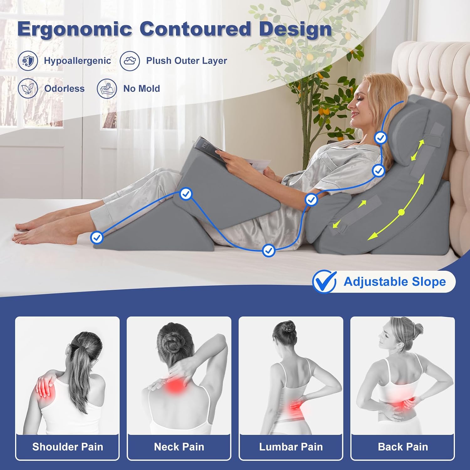 WSOFRLAC 6PCS Multi-Functional Bed Wedge Pillow Kit - 7-in-1 Orthopedic Support for Back/Neck/Legs, Post Surgery Recovery & Sitting Up in…
