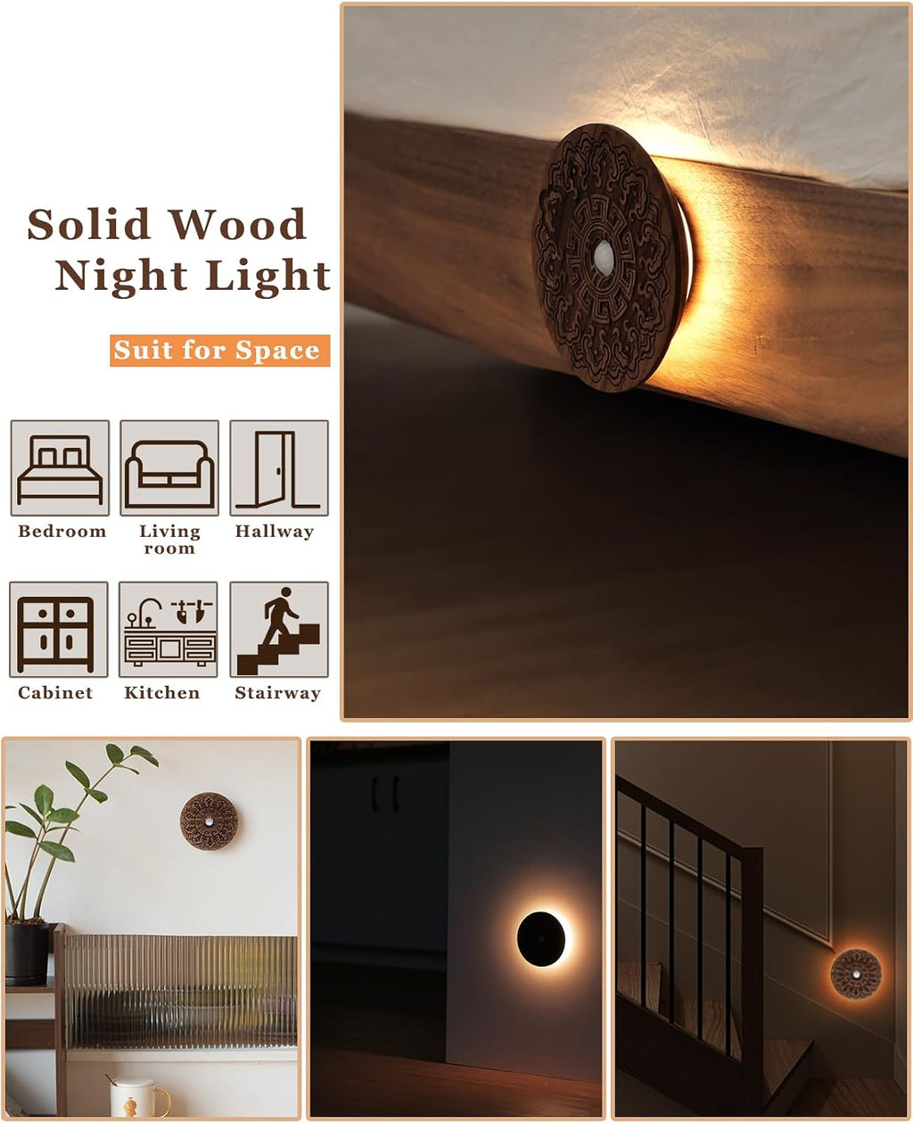 Motion Sensor Night Light Wood USB Rechargeable Stick-On Step Lights Magnetic Small Wall Lights for Hallway Bedroom Living Room Stair…