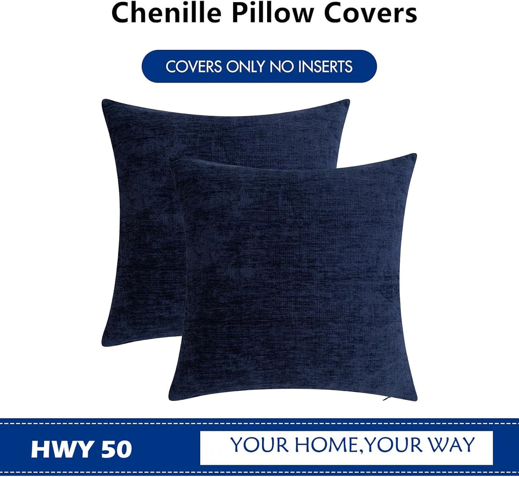 Hwy50 HWY 50 Navy Blue Couch Pillow Covers 16x16 Inch Pack of 2, Soft Chenille Decorative Throw Pillow Cases Farmhouse for Sofa Living Room…