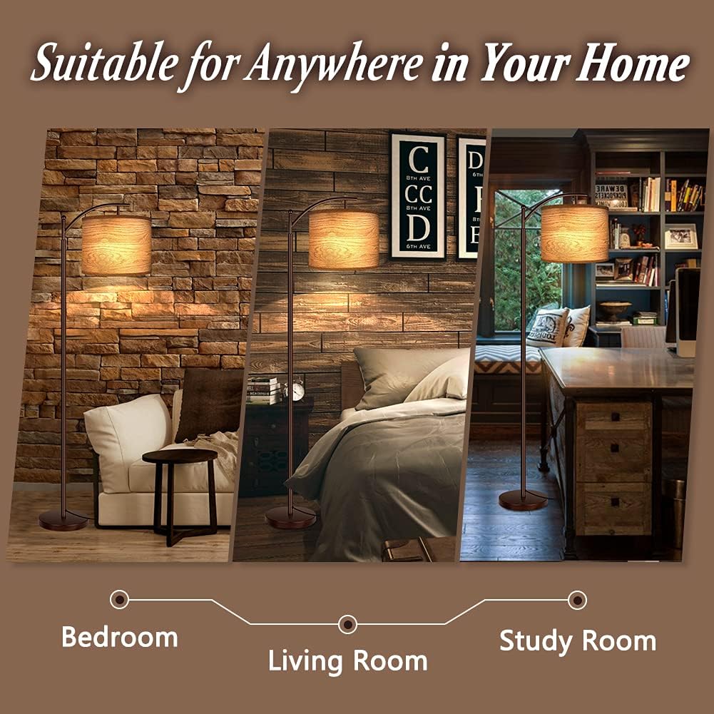 Floor Lamp for Living Room, LED Standing Lamp Tall Industrial Floor Lamp Reading for Bedroom, Office (9W LED Bulb, Wood Grain Lampshade…
