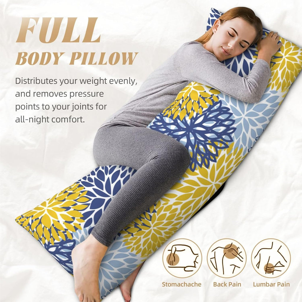 Sovvin Blue Yellow and Navy Chrysanthemum Flowers Body Pillow Cover Floral Long Pillow Case with Zipper Decorative Soft Cushion Bedd…