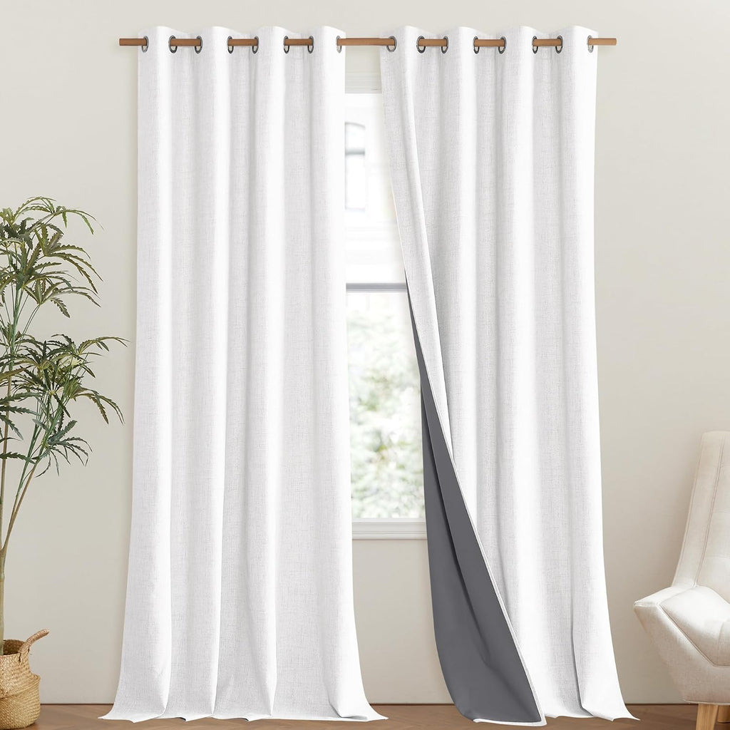 NICETOWN 100% Absolutely Blackout Linen Curtains with Thermal Insulated Liner, Greyish White, 52" Wide, 108" Length Energy Saving…