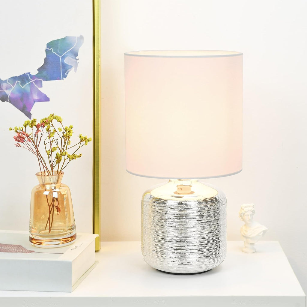 Beno Small Table Lamp, Modern Ceramic Base, Off White Fabric Shade, Bedside Lamp for Bedroom, Living Room, Kids Room, 11.81 Inch Height…