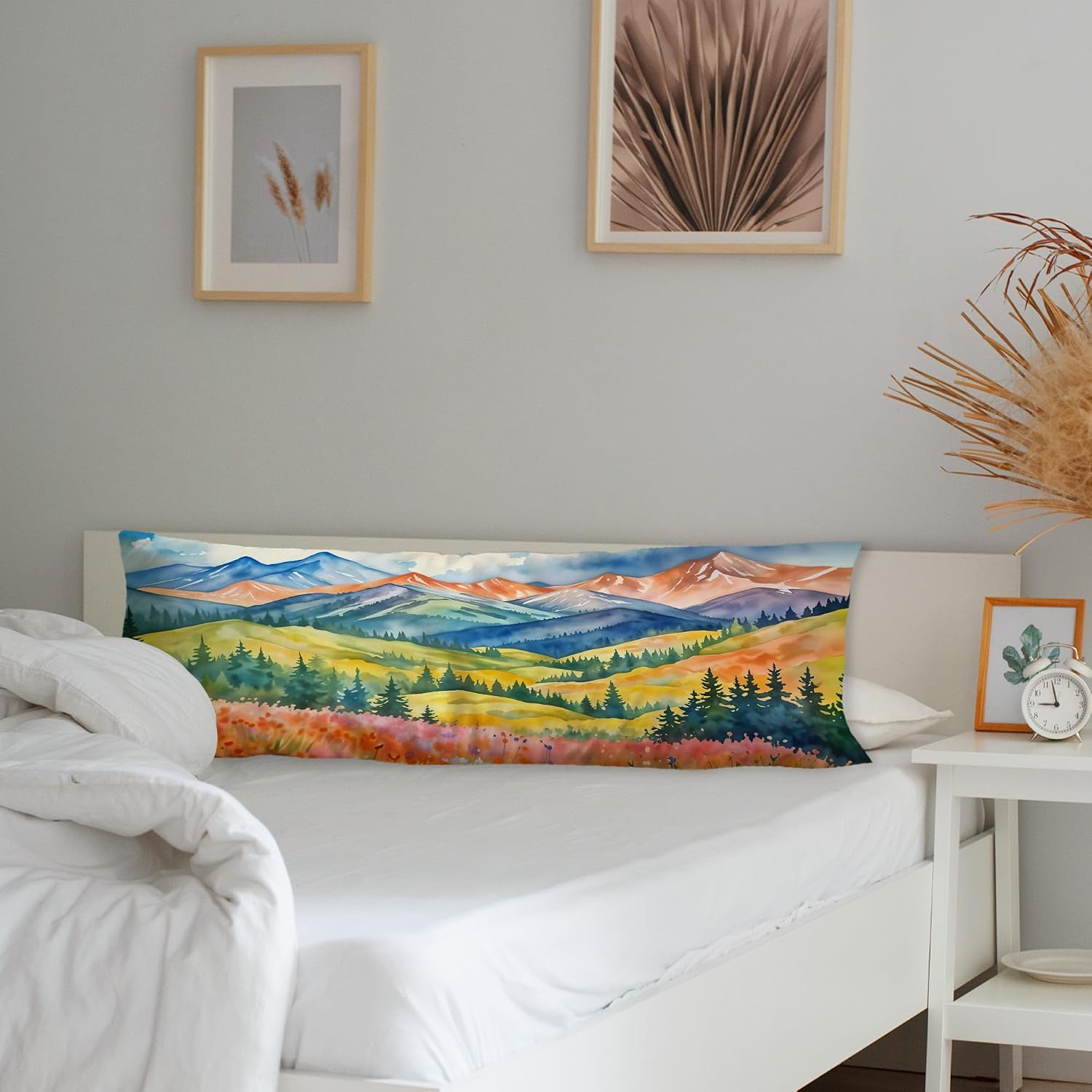 Maximalist Mountain Floral Body Pillow Covers 20x54, Mountain Home Decor, Colorful Abstract Nature Scenic Wildflower Long Body Pillow…