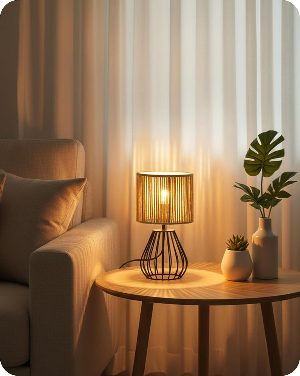 Rattan Table Lamp, Boho Table Lamp, Small Bedside Lamp, Handwoven Paper Lampshade, 2700K LED Bulb Included, Boho Desk Lamp, Modern…